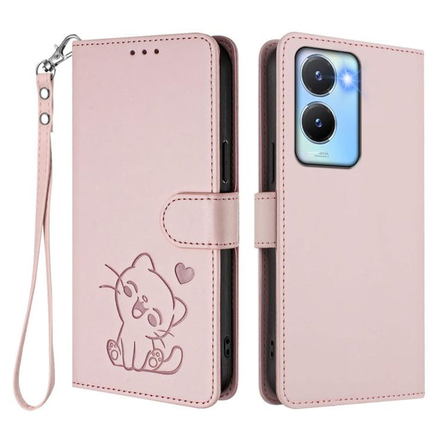 Embossed Heart Cat Leather Phone Case with Hand Strap, For vivo Y16 / vivo Y02s Global, For vivo Y55 5G / Y55s 5G 2023 / Y75 5G