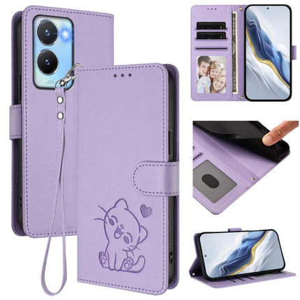 Embossed Heart Cat Leather Phone Case with Hand Strap, For vivo Y16 / vivo Y02s Global, For vivo Y55 5G / Y55s 5G 2023 / Y75 5G