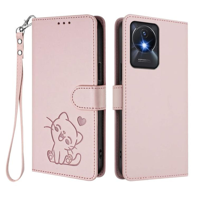 Embossed Heart Cat Leather Phone Case with Hand Strap, For vivo Y02 / Y02A / Y02t / Y11 2023, For vivo Y78 / Y78+ / V29 Lite