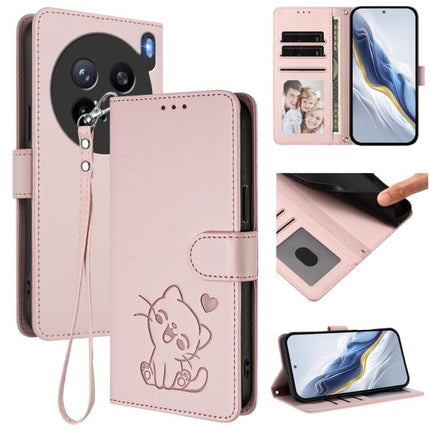 Embossed Heart Cat Leather Phone Case with Hand Strap, For vivo X200s, For vivo iQOO Z10 / Y300 Pro+ / T4