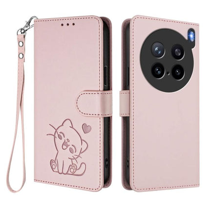Embossed Heart Cat Leather Phone Case with Hand Strap, For vivo X200s, For vivo iQOO Z10 / Y300 Pro+ / T4