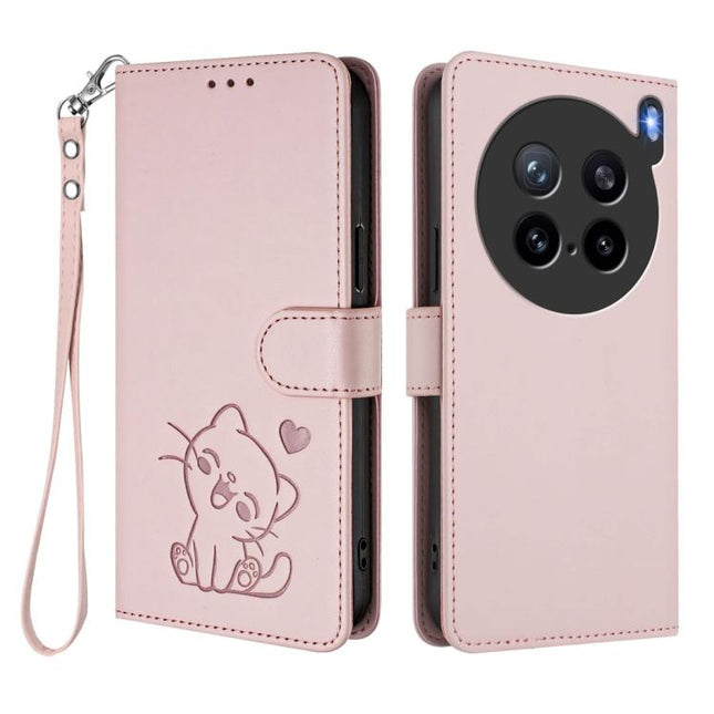 Embossed Heart Cat Leather Phone Case with Hand Strap, For vivo X200s, For vivo iQOO Z10 / Y300 Pro+ / T4