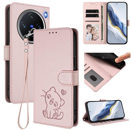Embossed Heart Cat Leather Phone Case with Hand Strap, For vivo X200 Pro mini, For vivo X200 Pro
