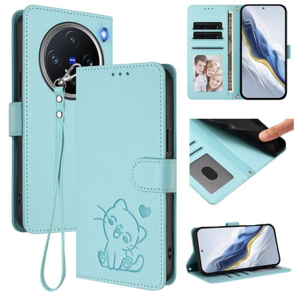 Embossed Heart Cat Leather Phone Case with Hand Strap, For vivo X200 Pro mini, For vivo X200 Pro