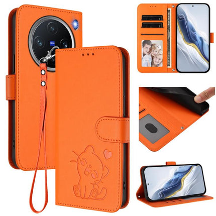 Embossed Heart Cat Leather Phone Case with Hand Strap, For vivo X200 Pro mini, For vivo X200 Pro