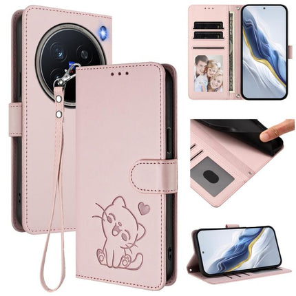 Embossed Heart Cat Leather Phone Case with Hand Strap, For vivo X200 Pro mini, For vivo X200 Pro