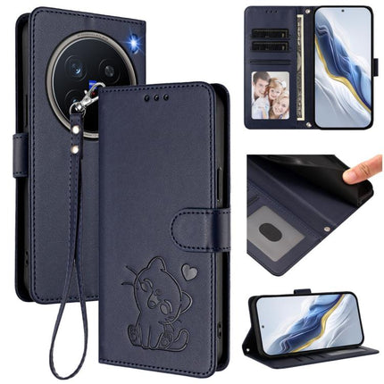 Embossed Heart Cat Leather Phone Case with Hand Strap, For vivo X200 Pro mini, For vivo X200 Pro