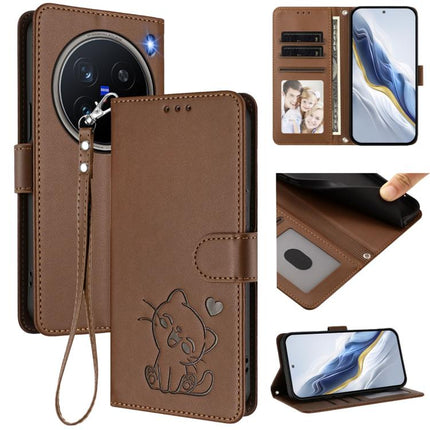 Embossed Heart Cat Leather Phone Case with Hand Strap, For vivo X200 Pro mini, For vivo X200 Pro