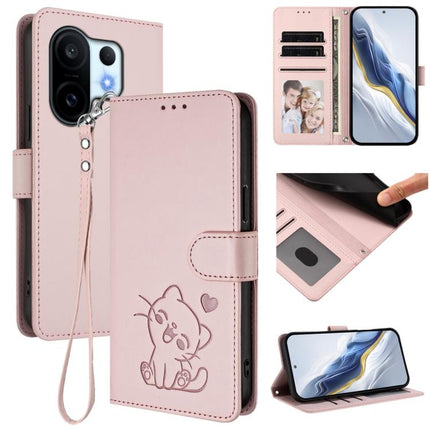 Embossed Heart Cat Leather Phone Case with Hand Strap, For vivo X200 FE / vivo S30 Pro mini, For vivo S30