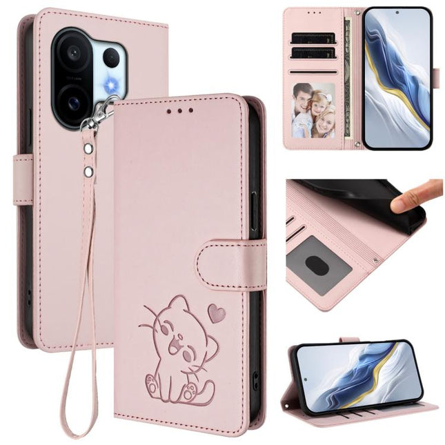 Embossed Heart Cat Leather Phone Case with Hand Strap, For vivo X200 FE / vivo S30 Pro mini, For vivo S30
