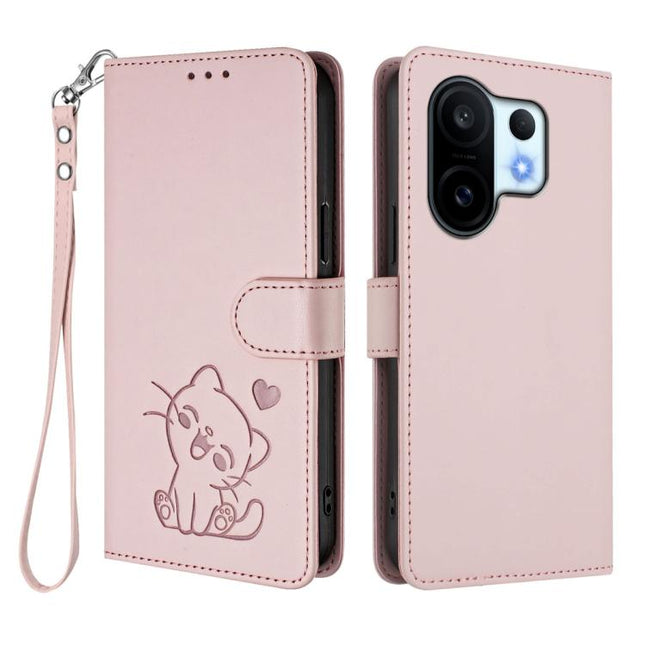 Embossed Heart Cat Leather Phone Case with Hand Strap, For vivo X200 FE / vivo S30 Pro mini, For vivo S30