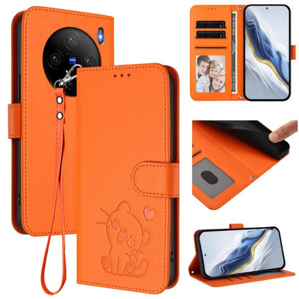 Embossed Heart Cat Leather Phone Case with Hand Strap, For vivo X100 Pro / vivo X100s Pro, For vivo X100s