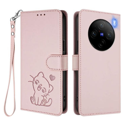 Embossed Heart Cat Leather Phone Case with Hand Strap, For vivo X100 Pro / vivo X100s Pro, For vivo X100s