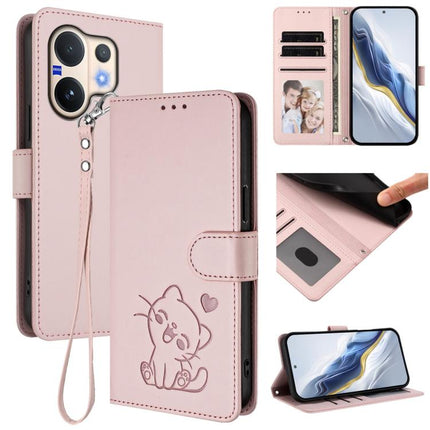 Embossed Heart Cat Leather Phone Case with Hand Strap, For vivo V60 5G Global, For vivo Y400 Pro 5G