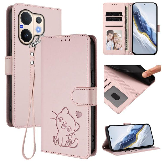 Embossed Heart Cat Leather Phone Case with Hand Strap, For vivo V60 5G Global, For vivo Y400 Pro 5G