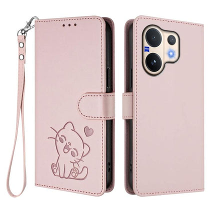 Embossed Heart Cat Leather Phone Case with Hand Strap, For vivo V60 5G Global, For vivo Y400 Pro 5G