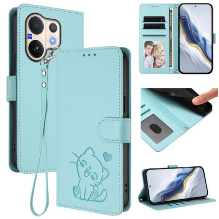 Embossed Heart Cat Leather Phone Case with Hand Strap, For vivo V60 5G Global, For vivo Y400 Pro 5G
