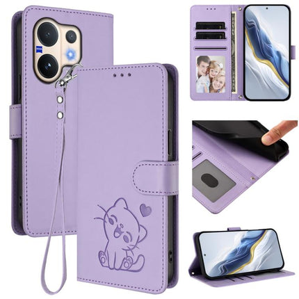 Embossed Heart Cat Leather Phone Case with Hand Strap, For vivo V60 5G Global, For vivo Y400 Pro 5G