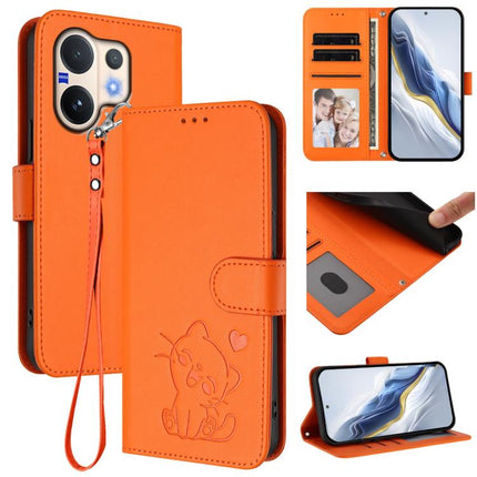Embossed Heart Cat Leather Phone Case with Hand Strap, For vivo V60 5G Global, For vivo Y400 Pro 5G