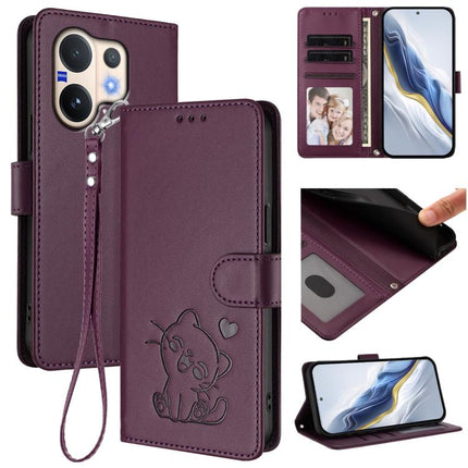 Embossed Heart Cat Leather Phone Case with Hand Strap, For vivo V60 5G Global, For vivo Y400 Pro 5G