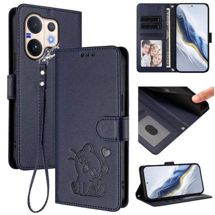 Embossed Heart Cat Leather Phone Case with Hand Strap, For vivo V60 5G Global, For vivo Y400 Pro 5G