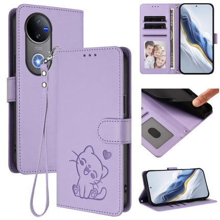 Embossed Heart Cat Leather Phone Case with Hand Strap, For vivo iQOO Z10x / Y29 4G / T4x / Y300t, For vivo V50 / vivo V50e