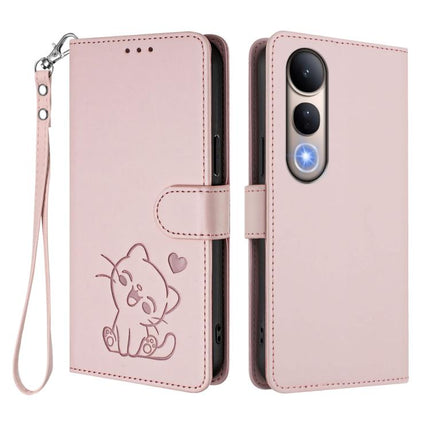 Embossed Heart Cat Leather Phone Case with Hand Strap, For vivo V50 Lite 4G / V50 Lite 5G, For vivo Y39 5G / vivo Y300i