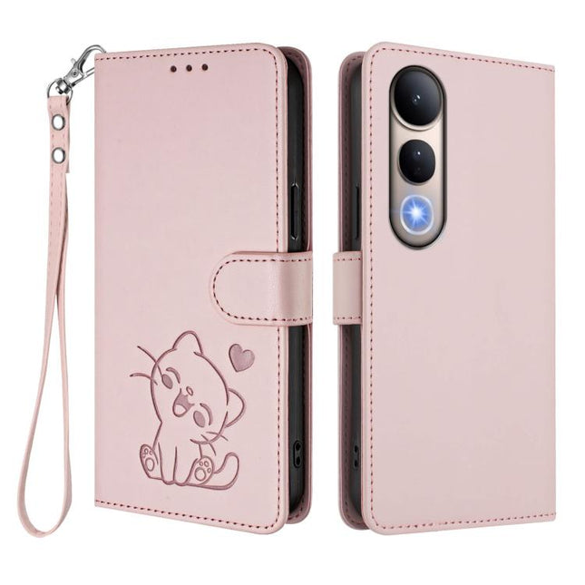 Embossed Heart Cat Leather Phone Case with Hand Strap, For vivo V50 Lite 4G / V50 Lite 5G, For vivo Y39 5G / vivo Y300i