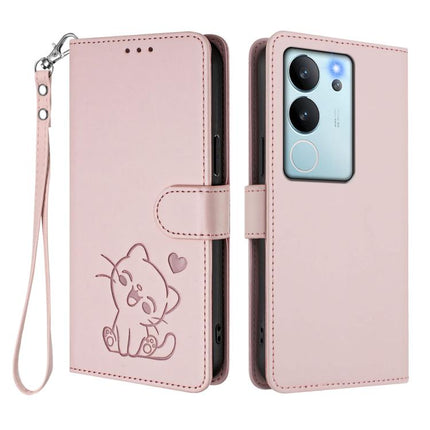 Embossed Heart Cat Leather Phone Case with Hand Strap, For vivo V29e / V30 Lite 5G / Y200 5G Global, For vivo X100
