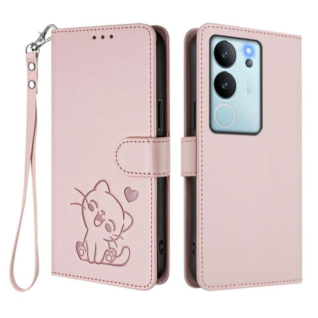 Embossed Heart Cat Leather Phone Case with Hand Strap, For vivo V29e / V30 Lite 5G / Y200 5G Global, For vivo X100