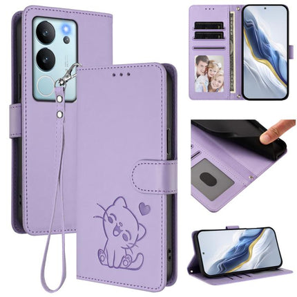 Embossed Heart Cat Leather Phone Case with Hand Strap, For vivo V29e / V30 Lite 5G / Y200 5G Global, For vivo X100