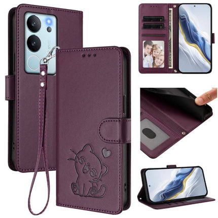 Embossed Heart Cat Leather Phone Case with Hand Strap, For vivo V29e / V30 Lite 5G / Y200 5G Global, For vivo X100