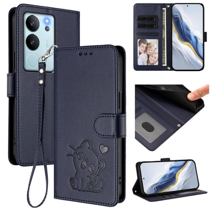 Embossed Heart Cat Leather Phone Case with Hand Strap, For vivo V29e / V30 Lite 5G / Y200 5G Global, For vivo X100