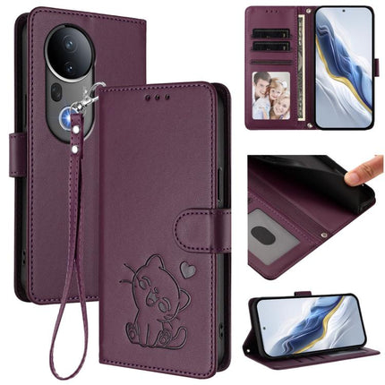 Embossed Heart Cat Leather Phone Case with Hand Strap, For vivo S20, For vivo S20 Pro