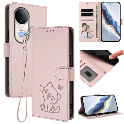 Embossed Heart Cat Leather Phone Case with Hand Strap, For vivo S20, For vivo S20 Pro