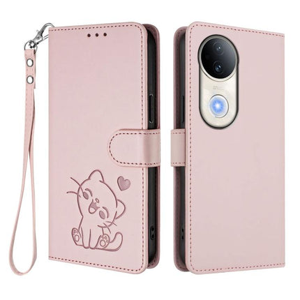 Embossed Heart Cat Leather Phone Case with Hand Strap, For vivo S20, For vivo S20 Pro