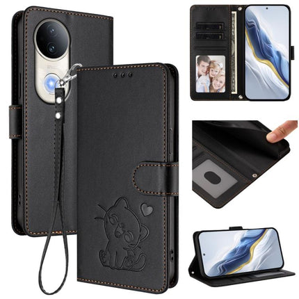 Embossed Heart Cat Leather Phone Case with Hand Strap, For vivo S20, For vivo S20 Pro
