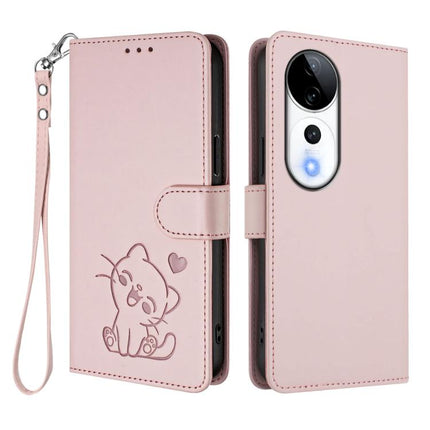 Embossed Heart Cat Leather Phone Case with Hand Strap, For vivo S19 Pro / V40 / V40 Pro / T3 Ultra, For vivo iQOO Z9 Lite / Y18 / Y28s / Y37m 5G