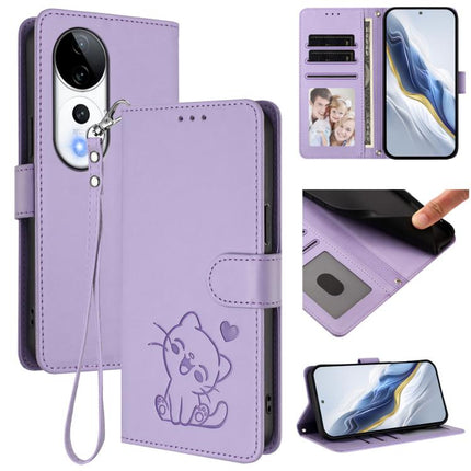 Embossed Heart Cat Leather Phone Case with Hand Strap, For vivo S19 Pro / V40 / V40 Pro / T3 Ultra, For vivo iQOO Z9 Lite / Y18 / Y28s / Y37m 5G