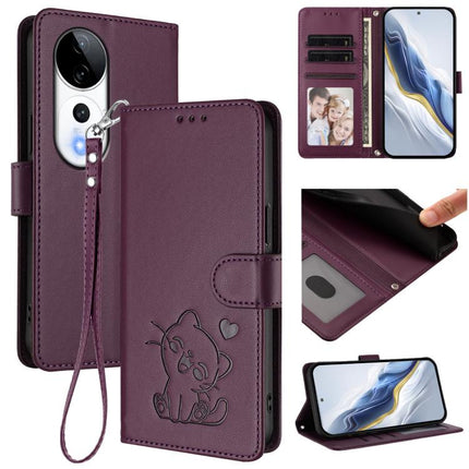 Embossed Heart Cat Leather Phone Case with Hand Strap, For vivo S19 Pro / V40 / V40 Pro / T3 Ultra, For vivo iQOO Z9 Lite / Y18 / Y28s / Y37m 5G
