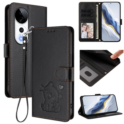 Embossed Heart Cat Leather Phone Case with Hand Strap, For vivo S19 Pro / V40 / V40 Pro / T3 Ultra, For vivo iQOO Z9 Lite / Y18 / Y28s / Y37m 5G