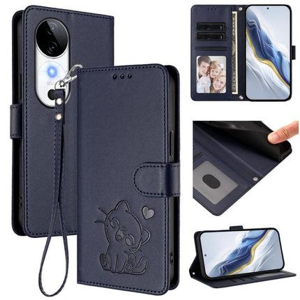 Embossed Heart Cat Leather Phone Case with Hand Strap, For vivo S19, For vivo Y28 4G Global