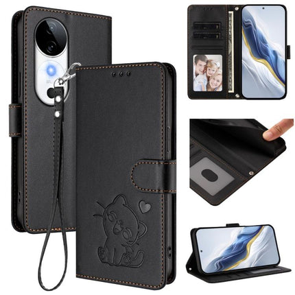 Embossed Heart Cat Leather Phone Case with Hand Strap, For vivo S19, For vivo Y28 4G Global