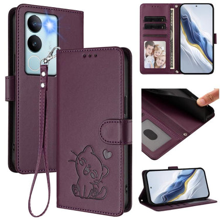 Embossed Heart Cat Leather Phone Case with Hand Strap, For vivo Y36 5G / 4G / Y27 / Y27s Global, For vivo S17 / S17 Pro / S17t / V29 / V29 Pro