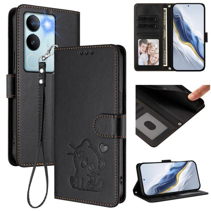 Embossed Heart Cat Leather Phone Case with Hand Strap, For vivo Y36 5G / 4G / Y27 / Y27s Global, For vivo S17 / S17 Pro / S17t / V29 / V29 Pro