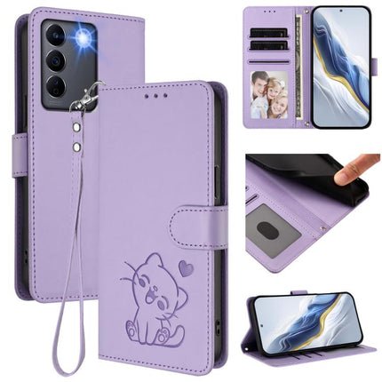 Embossed Heart Cat Leather Phone Case with Hand Strap, For vivo Y100 5G / vivo Y100A Global, For vivo S16 / S16 Pro / V27 / V27 Pro