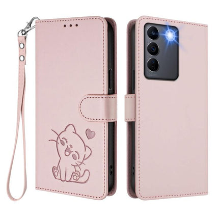 Embossed Heart Cat Leather Phone Case with Hand Strap, For vivo S16e / V27e / T2, For vivo Y35 4G / Y22 / Y22s / Y77 / Y77e