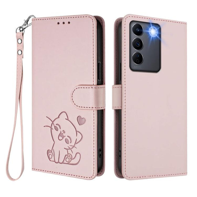 Embossed Heart Cat Leather Phone Case with Hand Strap, For vivo S16e / V27e / T2, For vivo Y35 4G / Y22 / Y22s / Y77 / Y77e