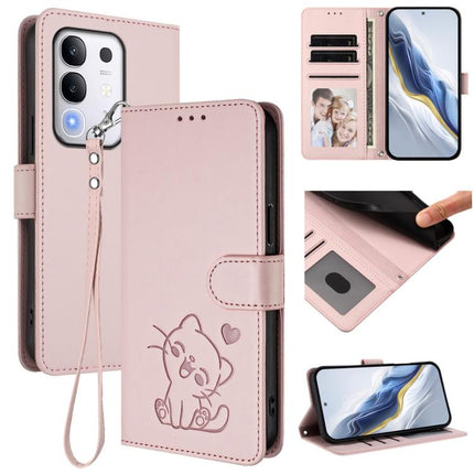 Embossed Heart Cat Leather Phone Case with Hand Strap, For vivo iQOO Z10x / Y29 4G / T4x / Y300t, For vivo V50 / vivo V50e