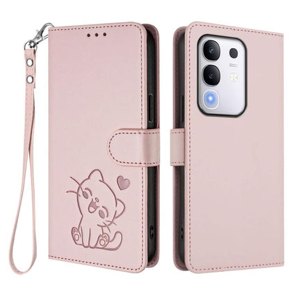 Embossed Heart Cat Leather Phone Case with Hand Strap, For vivo iQOO Z10x / Y29 4G / T4x / Y300t, For vivo V50 / vivo V50e